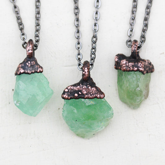 Copper Electroformed Raw Green Calcite Crystal Necklace